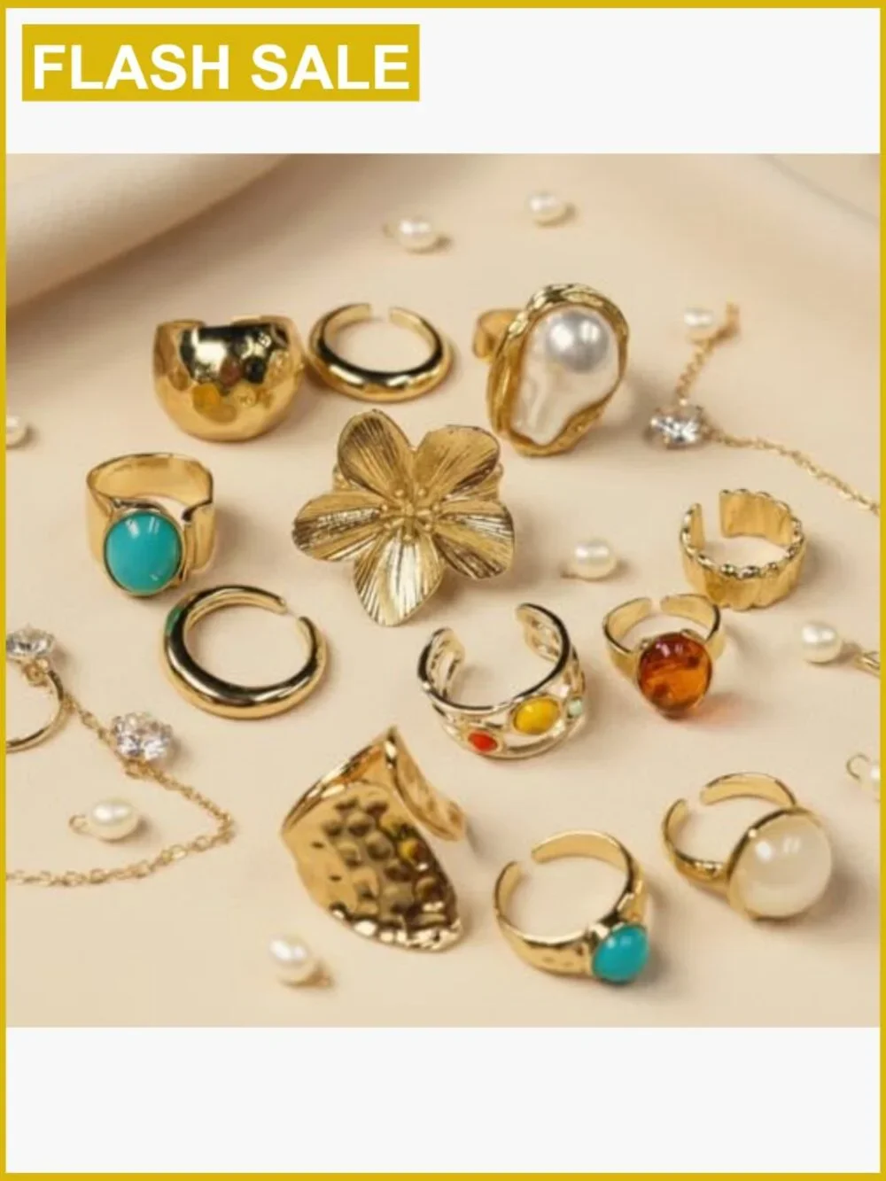 Chunky Baroque Pearl Flower Tiger's Eye Stone Rings Set Non Tarnish Stacking